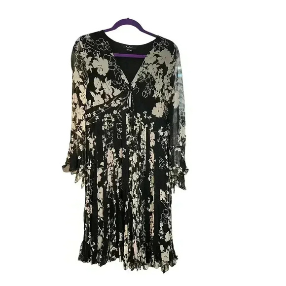 ECI New York Floral Dress Sz 12P Black Silk A Line Knee Length Formal - Picture 2 of 16